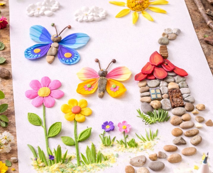 Frühlingscollage aus Naturmaterialien