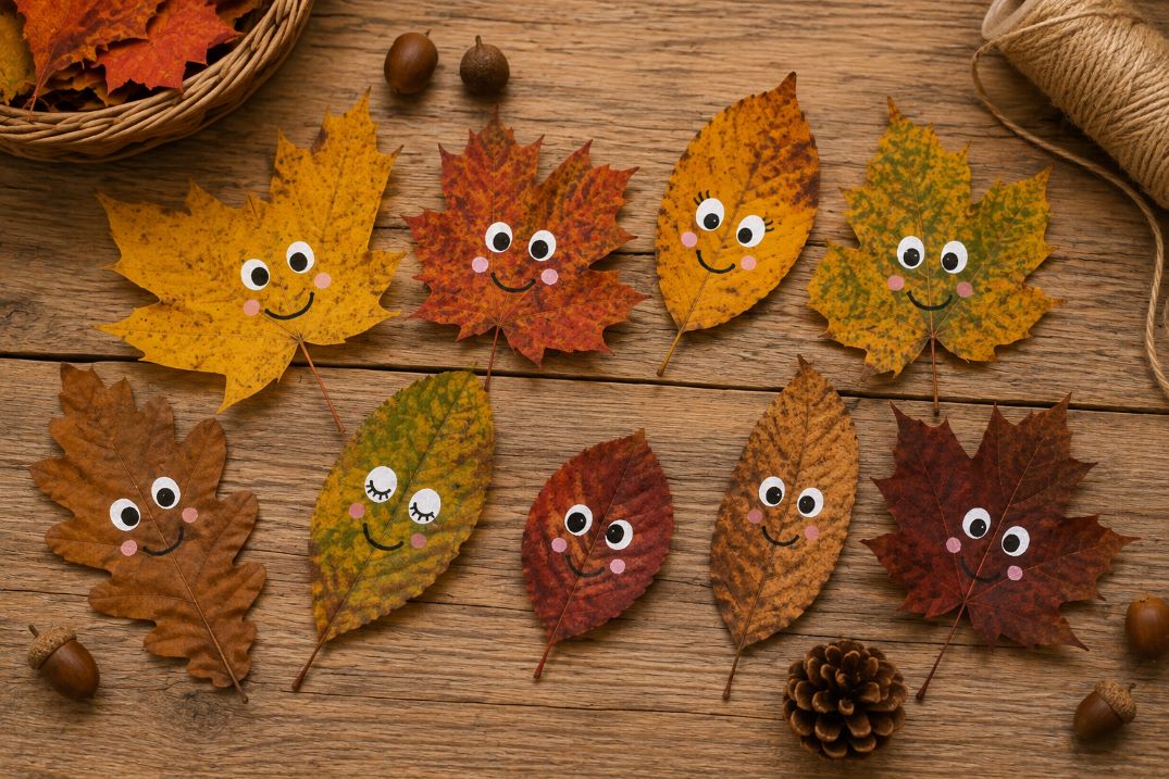 Herbstblätter mit lustigen Gesichtern bemalen
