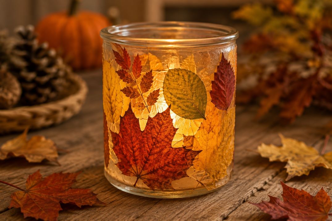 Herbstliches Windlicht mit gepressten Blättern basteln