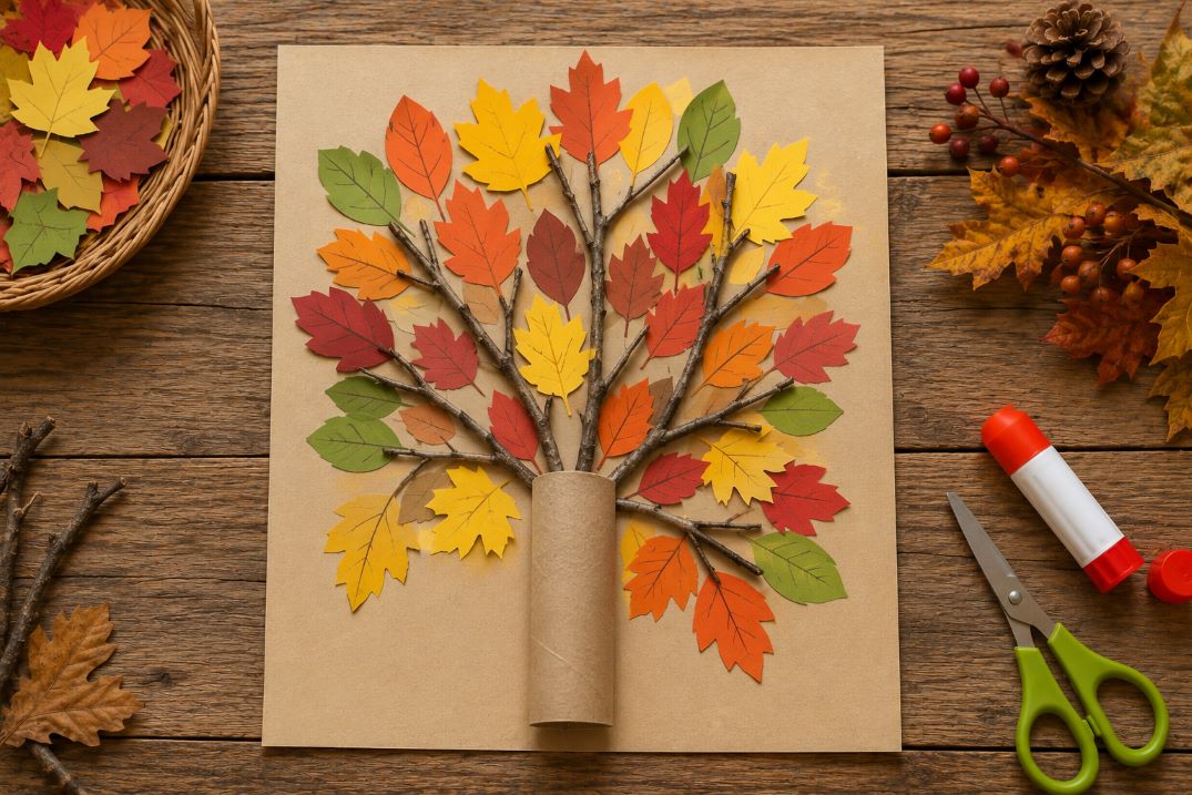 Herbstbaum aus Ästen und bunten Papierblättern basteln