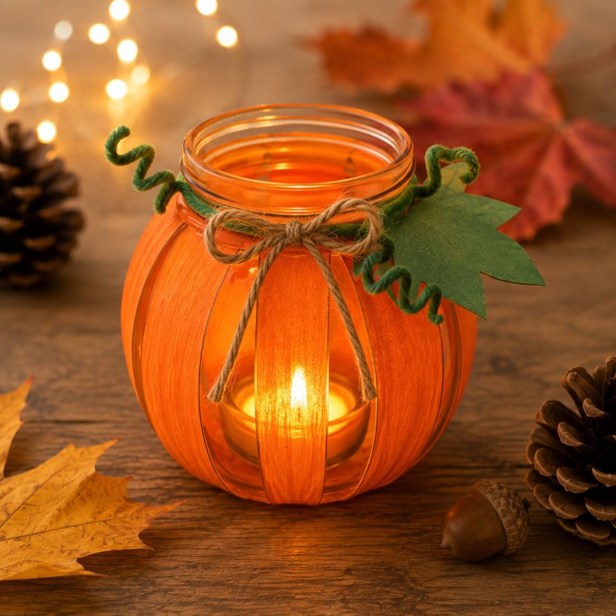 Kürbis-Windlicht aus einem Glas selber machen – leuchtende Herbstdeko
