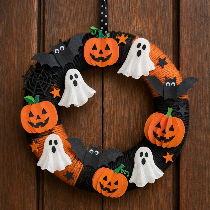 Halloween-Kranz mit Kürbissen, Fledermäusen und Gespenstern basteln