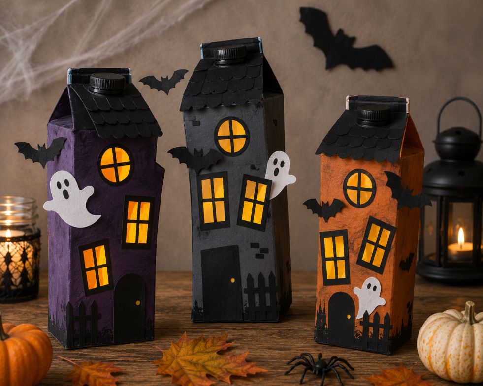 Halloweenhäuser aus Getränkekartons basteln
